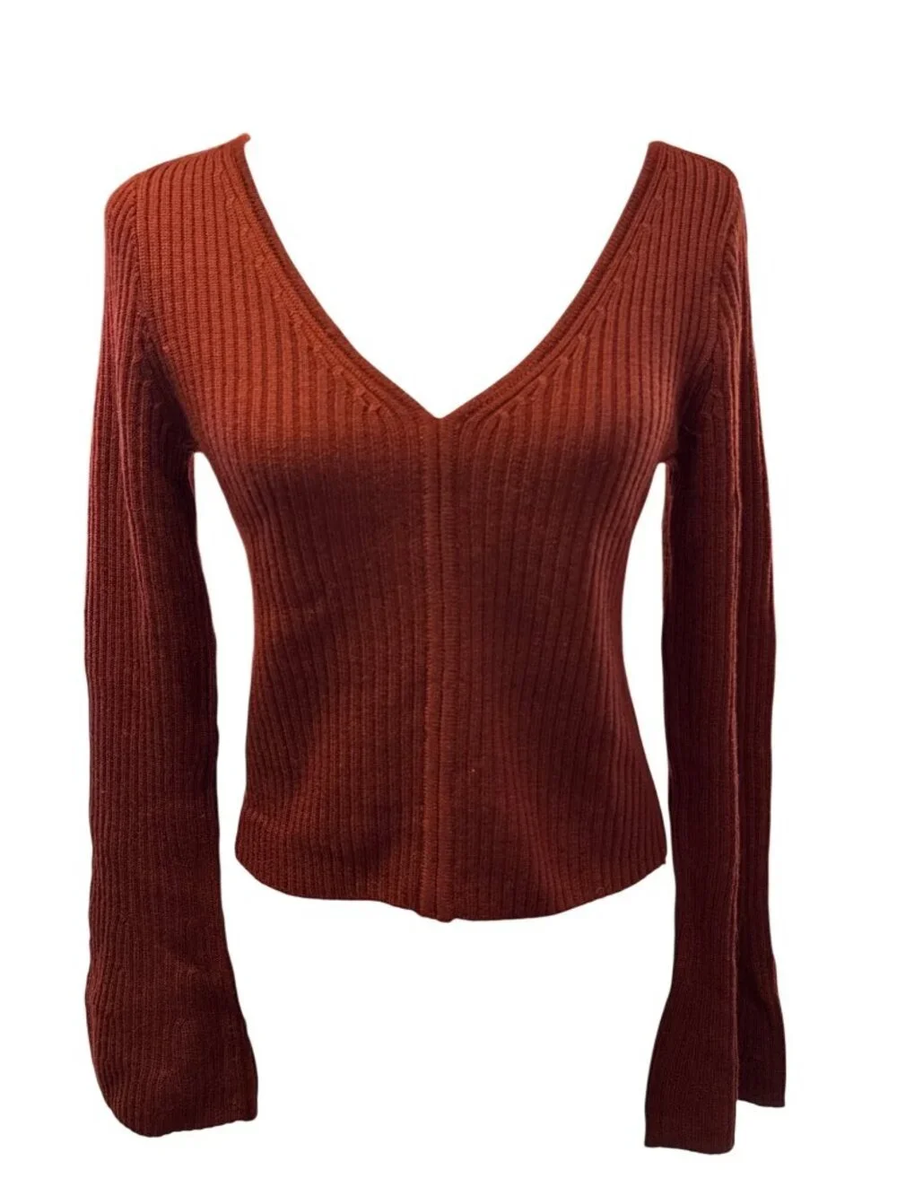 Madewell Ribbed V-Neck Sweater Top in Merino Wool~Size M~Deep Rust Red NWoT L726 - Picture 3 of 9